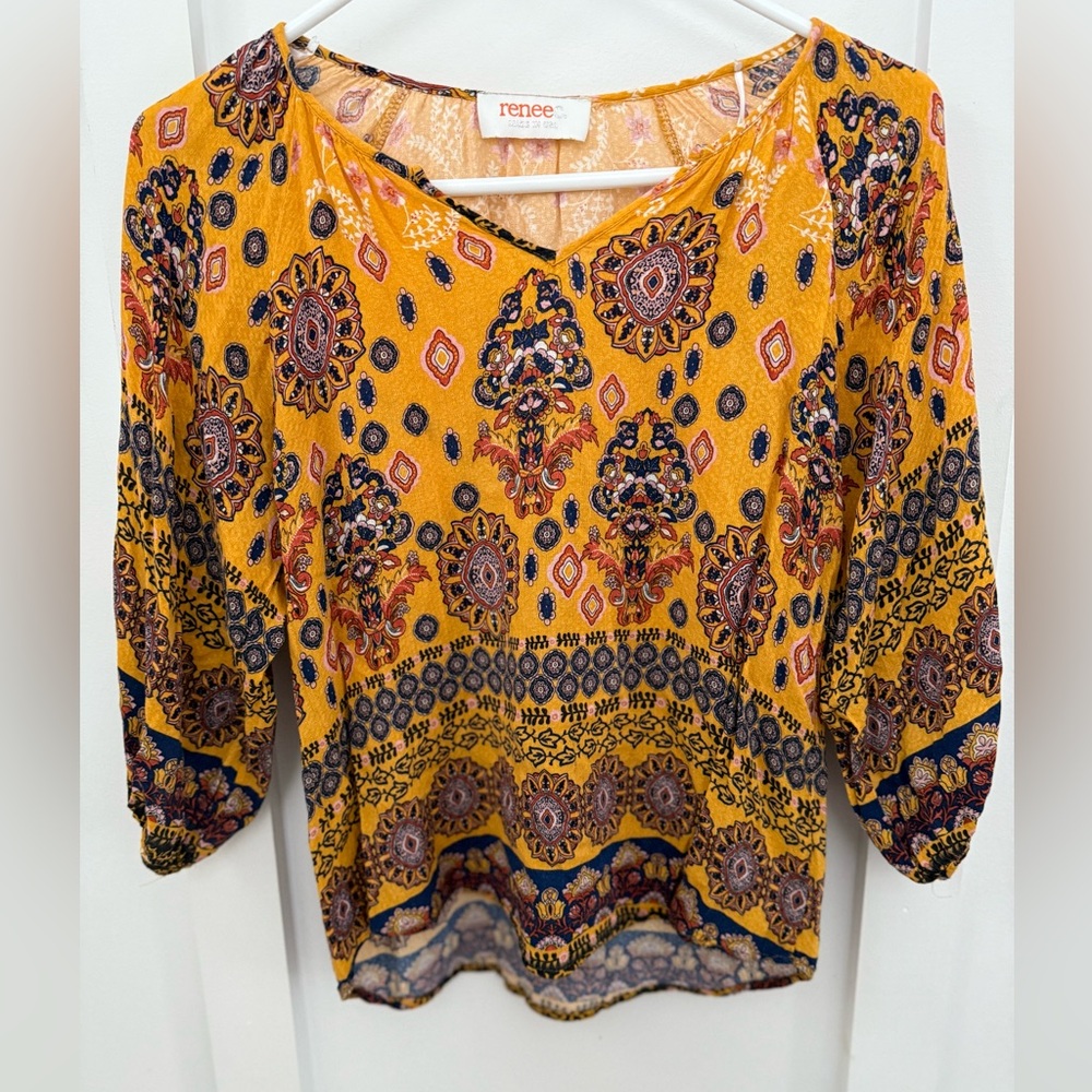 Renee C. Yellow and Blue Boho Blouse